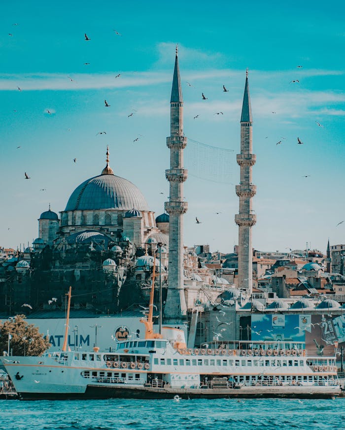 Ferry boat in Istanbul with a mosque and seagulls in the background on a sunny day.